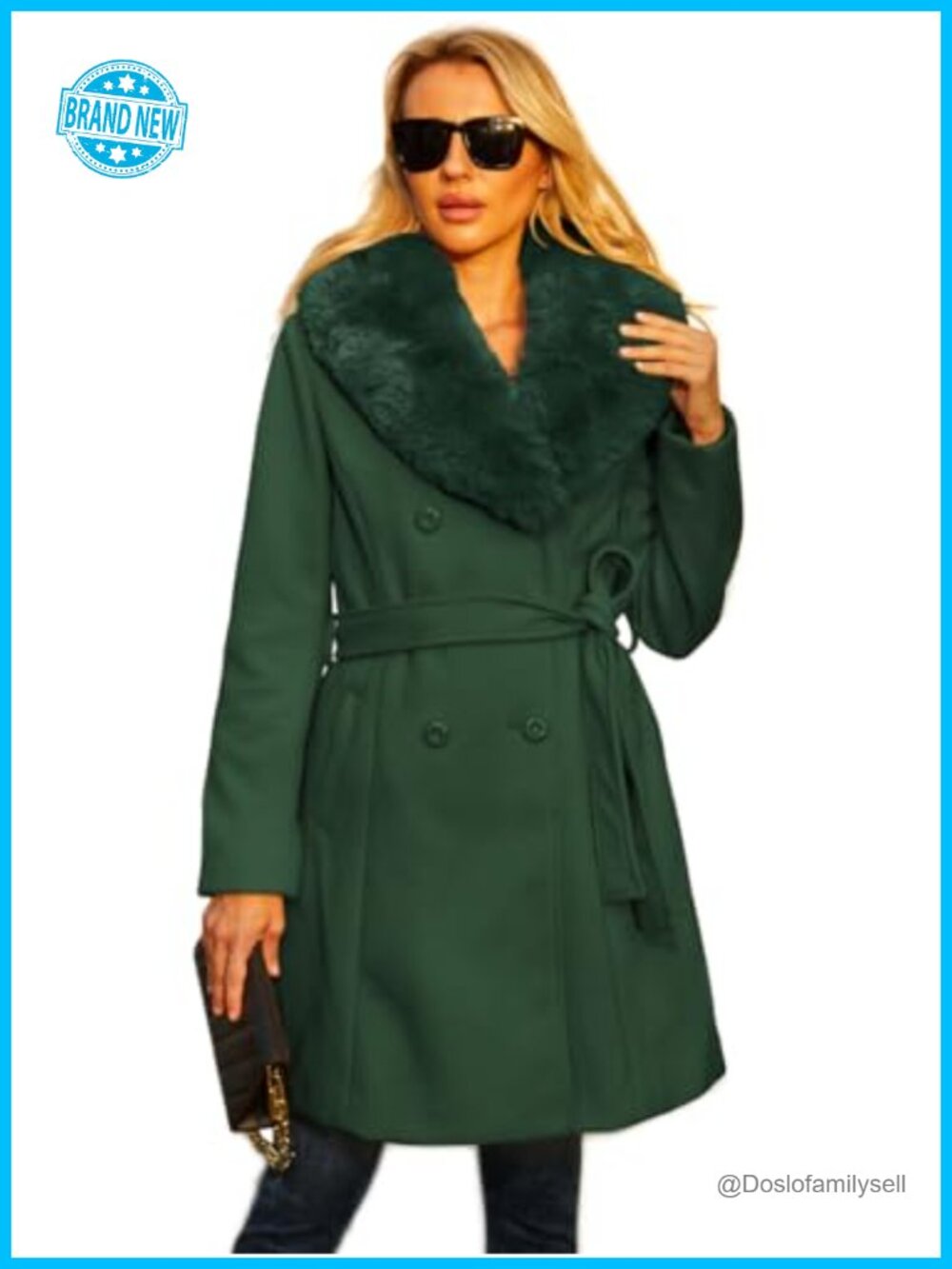 Faux Leather Long Pea Coat Double Breasted Winter Trench Coat Faux Fur Collar